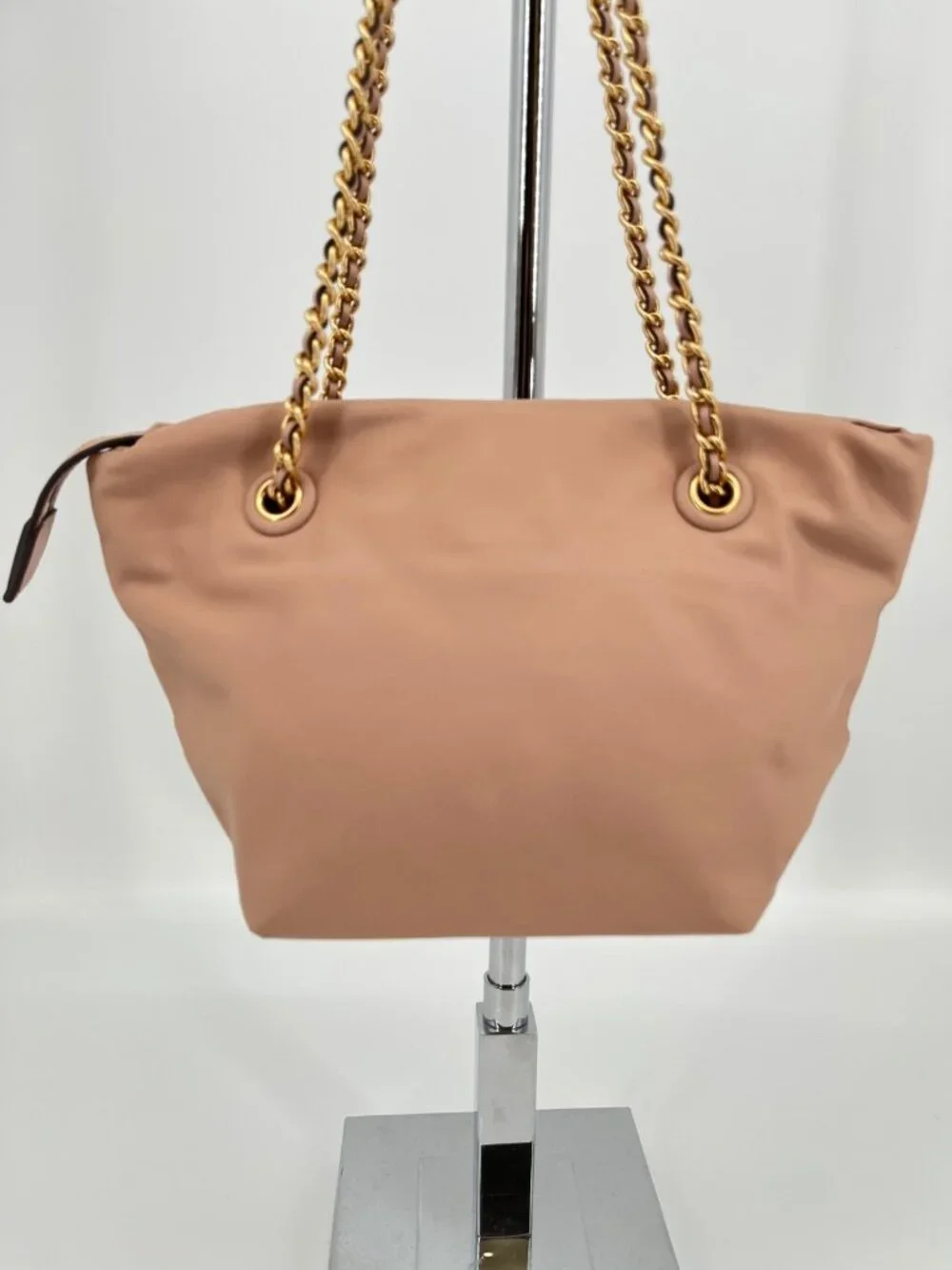 Tory Burch Ella Small Chain Crossbody Pink Sand Nylon Zip Tote Gold Logo Bag